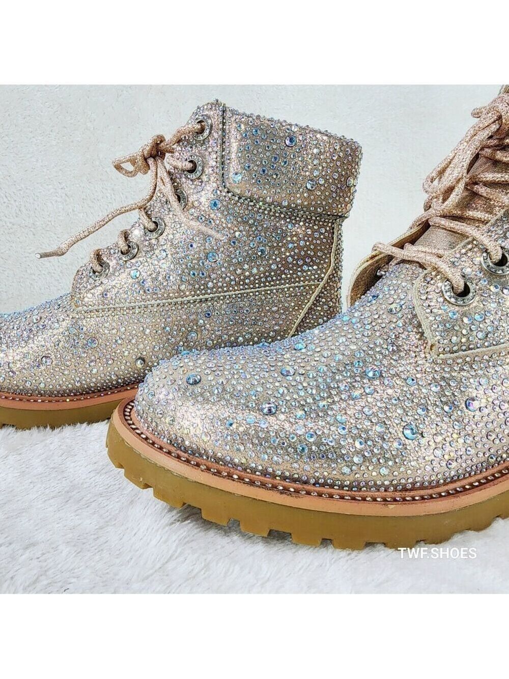 NIB Wonder Sparkling Rhinestone Combat Ankle Boots Metallic Rose Gold Champagne - Picture 11 of 12